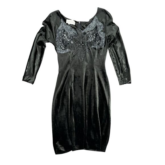 Orlando Rossi Dresses & Skirts - Orlando Rossi Vintage Black Velvet Midi Dress Beaded Sculpted Neck Small 90s